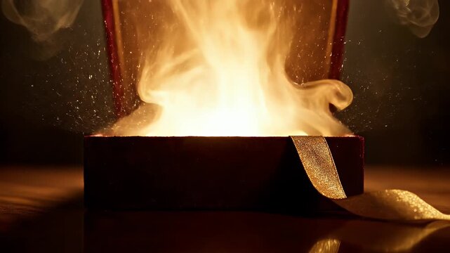 Gift Box Opening with Light - An opened dark red gift box releases a burst of bright light and wisps of smoke. A golden ribbon embellishes the box, resting on a reflective surface.