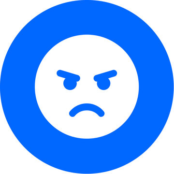 Angry face icon on bold blue circle badge for anger emotion furious mad react emoji reaction face expression social media feedback on transparent background