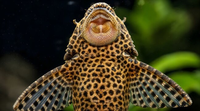 Suckermouth armored catfish plecostomus attached to aquarium glass showing spotted pattern.