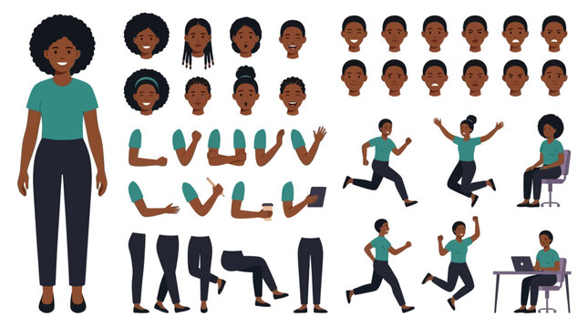 African American female character creation kit arm leg head body position facial expression and pose for modular vector animation and custom flat avatar construction.