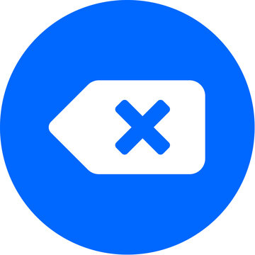 Backspace icon on bold blue circle badge for delete erase keyboard remove undo typing correction clear input text field edit on transparent background
