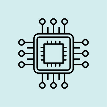 Clean isometric outline icon of an advanced computer processor chip with nodes. Minimalist line art symbol for hardware core, AI processing, and hardware.