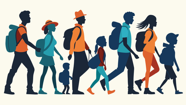 Diverse family group walking together with backpacks during daytime with a conceptual idea of togetherness and journey