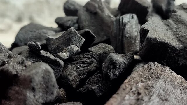 A collection of charcoal. Charcoal is a black, carbonaceous residue produced by burning wood without oxygen (pyrolysis). This material is widely used as a cooking fuel