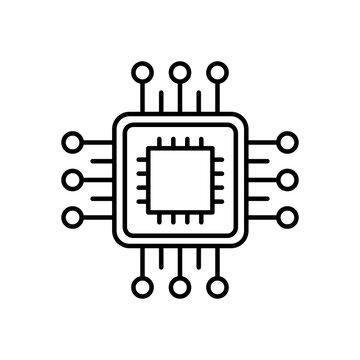 Clean isometric outline icon of an advanced computer processor chip with nodes. Minimalist line art symbol for hardware core, AI processing, and hardware.