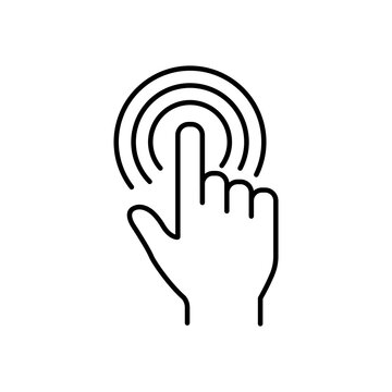 Minimalist isometric line art icon of a human hand clicking a glowing ring. Clean outline symbol for non-contact control, motion sensors, and tech interface.