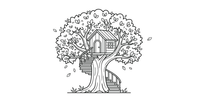 Line art illustration of a treehouse with spiral staircase and foliage