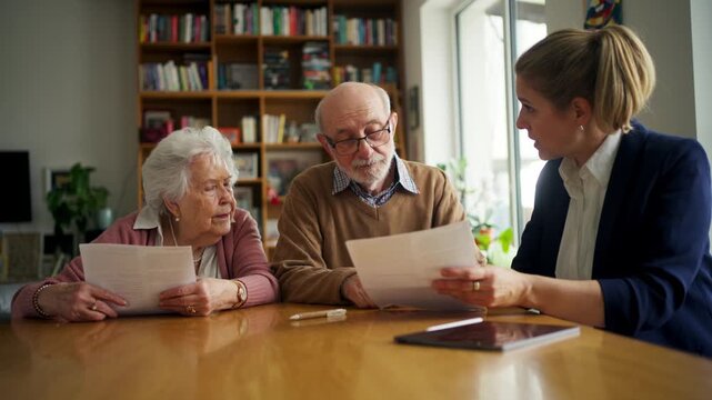 Financial advisor helping senior couple with savings, showing them savings calculator in laptop.