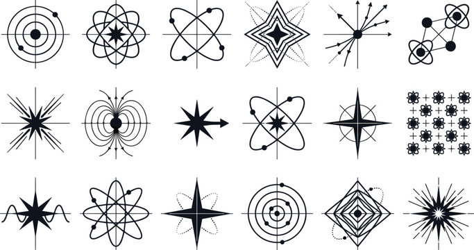 Quantum Physics and Astronomy Icon Set with Abstract Atom Models Starbursts Orbiting Particles Magnetic Fields and Geometric Science Line Art Elements
