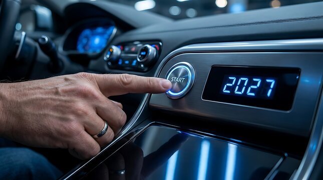 Close up male hand pressing illuminated start button inside modern vehicle dashboard with digital numeric display showing year 2027 in futuristic car interior concept.