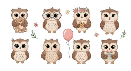 Obraz premium Cute Cartoon Owl Set with Accessories and Flowers