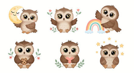 Obraz premium Cute Owl Collection: Moon, Rainbow, Cookie, Heart, Stars