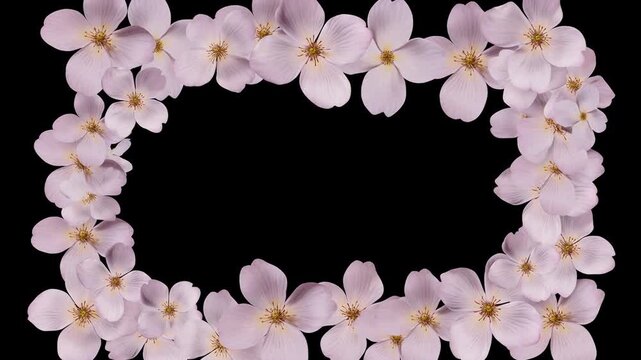 Panning shot of pink cherry blossom flower wreath slowly rotating and revealing floral frame over black studio background closeup spring decorative arrangement