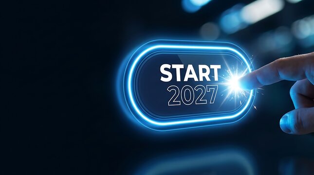 Digital start button 2027 glowing with neon blue light inviting user to initiate new project or technology innovation with bright sparkling effect.