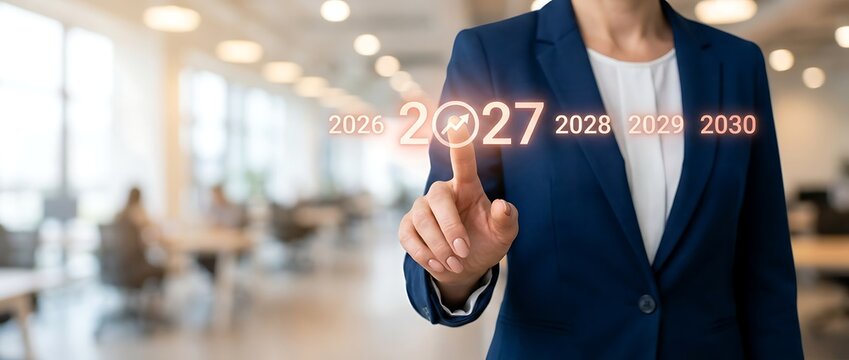 Woman's finger points to a digital display showing years 2026 through 2030 highlighting 2027 with an upward trending graph symbolizing business growth.