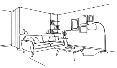 Fototapeta premium Modern Living Room Interior Continuous Line Drawing Home Furniture Sketch