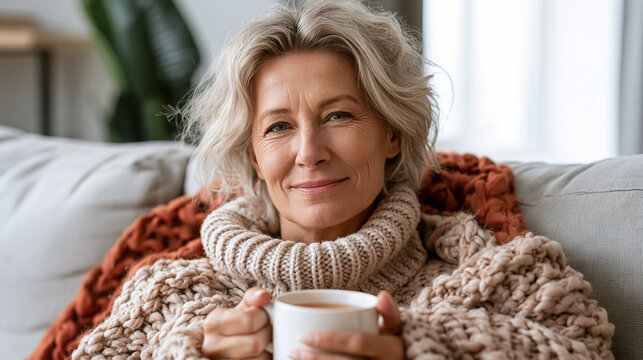 Frau h&auml;lt eine Tasse Tee. Hat warme Kleidung an. Erk&auml;ltung - Winter - K&auml;lte