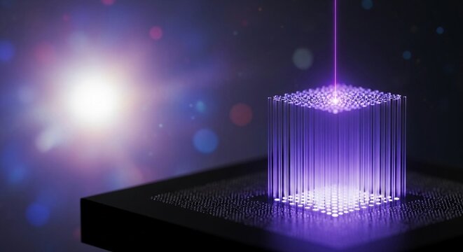 Abstract quantum grid structure illuminated by a vibrant purple laser beam with digital bokeh effects