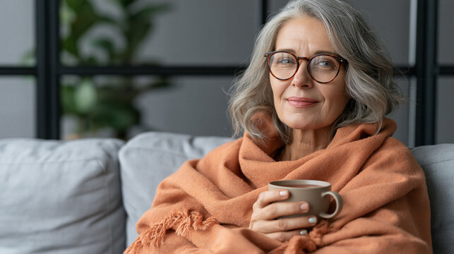 Frau h&auml;lt eine Tasse Tee. Hat warme Kleidung an. Erk&auml;ltung - Winter - K&auml;lte
