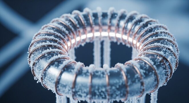 Close-up of a frosted copper coil with glowing internal energy, suggesting powerful electrical or magnetic phenomena.