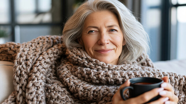 Frau h&auml;lt eine Tasse Tee. Hat warme Kleidung an. Erk&auml;ltung - Winter - K&auml;lte
