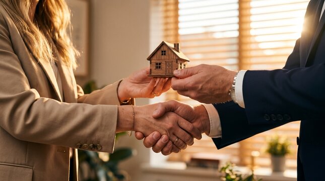 Handover of a Miniature House: A businessperson hands over a small model house to another person while they shake hands, symbolizing a real estate transaction, home ownership, or a deal.