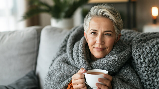 Frau h&auml;lt eine Tasse Tee. Hat warme Kleidung an. Erk&auml;ltung - Winter - K&auml;lte