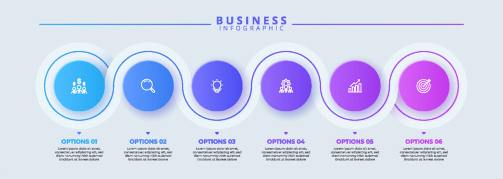 Professional 6 steps business infographic template with wave process flow chart, circular elements, and icons for finance, strategy, ideas, teamwork, growth, and target goals.