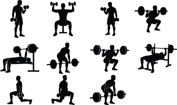 Strong men engaged in diverse weight training, lifting dumbbells and barbells in a gym.