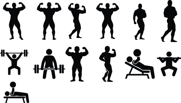 Muscular men flexing and lifting heavy weights, showcasing strength and body building.
