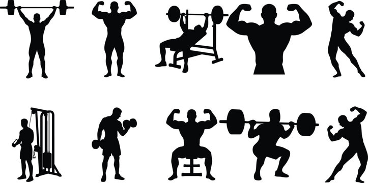 Men performing various weight training exercises and using gym equipment in a fitness center.