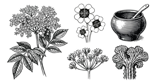 Vintage botanical elderberry illustrations, hand drawn medicinal herb set with mortar and pestle, antique woodcut style floral vector elements