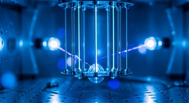 Intricate ion trap apparatus capturing glowing blue laser beams in scientific laboratory setting