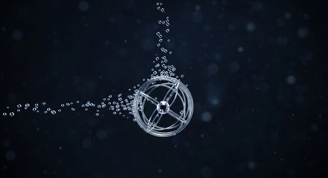 Intricate quantum atomic structure with swirling bubbles in dark blue water, representing subatomic science and innovation.