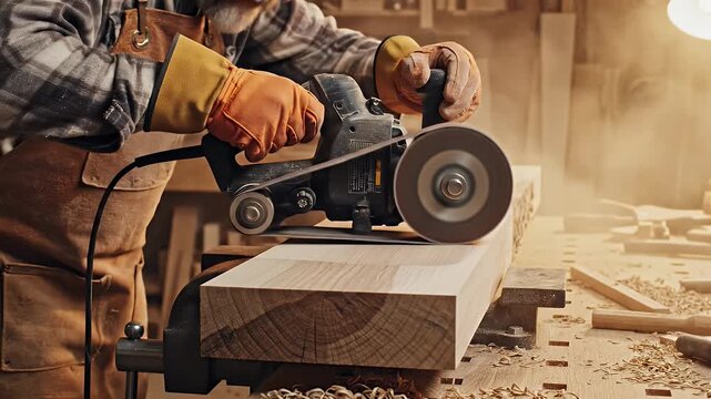 Carpenter Sanding Wood with Electric Belt Sander - A close-up shot of a carpenter using a professional electric belt sander on a wooden plank in a workshop.