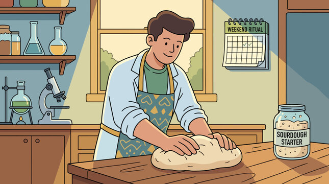 Scientist Baking Sourdough Bread as Weekend Ritual