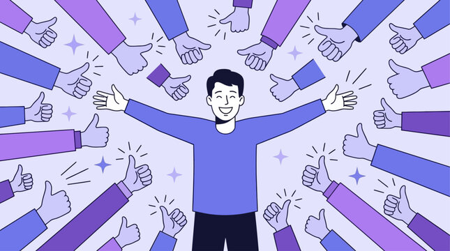 Joyful adult male receiving overwhelming public validation and widespread acclaim as numerous hands provide enthusiastic thumbs up gestures against a clean minimalist studio backdrop.