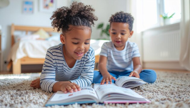 Young siblings reading storybooks together on bedroom floor, warm natural light