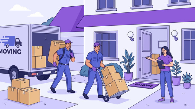 Professional mover relocation service employee carrying heavy cardboard boxes into house illustration vector graphic for transport logistics delivery company residential suburban home building
