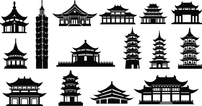 East Asian Architecture Vector Icon Set with Traditional Pagodas Temples Shrines Oriental Pavilions and Classic Landmark Building Silhouettes