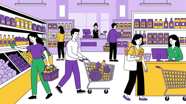 Diverse Shoppers Selecting Fresh Produce and Goods Using Baskets and Trolleys in a Modern Bright Supermarket Interior with Organized Aisles and Retail Shelving During Daily Grocery Shopping Routine