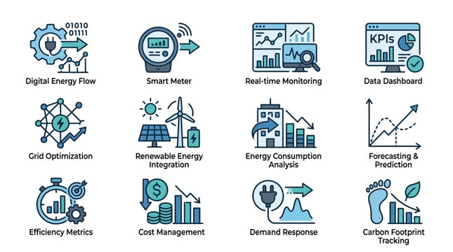 Energy Management Icons Set for Efficiency.