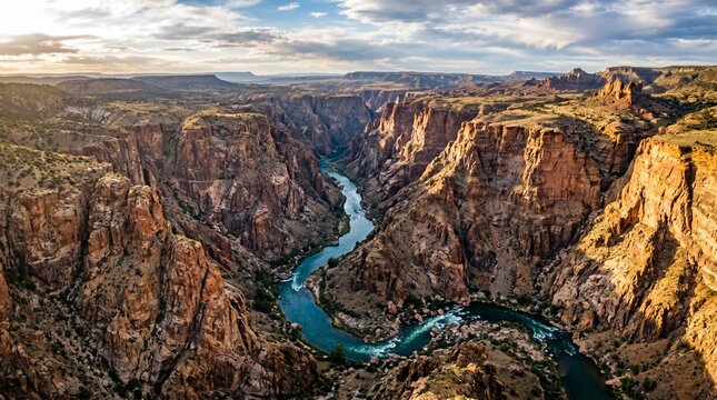 Colorado River flowing through a deep canyon with rocky cliffs and blue water under a cloudy sky