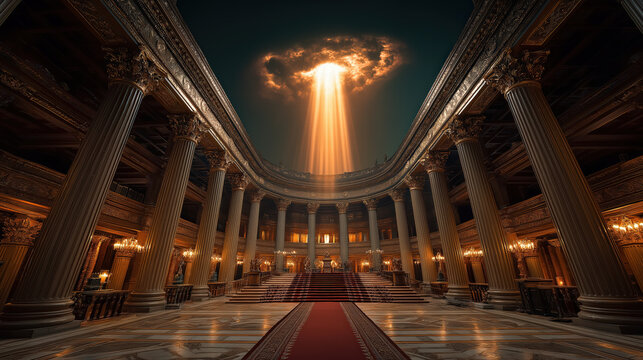 Isaiah&rsquo;s vision of heavenly throne room with radiant light, seraphim beings, and grand celestial architecture