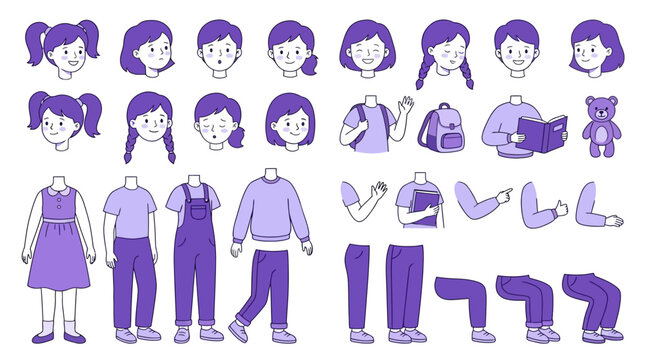 Comprehensive Little Girl Character Constructor Kit Featuring Various Body Parts, Limbs, Facial Expressions, and Poses for 2D Motion Graphics, Modular Animation Design, and Creative Illustration.