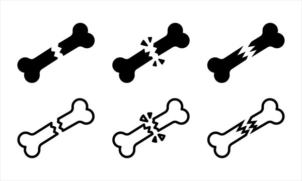 bone fracture icon with black silhouettes and splintered injury lines on white background