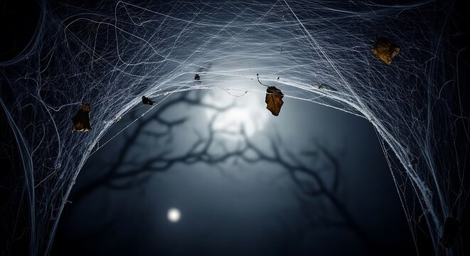 Spooky halloween spiderweb with bare branches and full moon