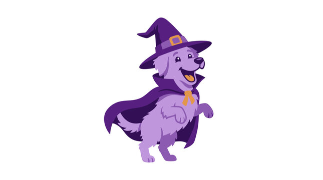 Purple dog wearing witch hat cape.