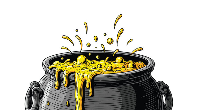 Traditional black cast iron cauldron with a bubbling yellow magic potion splashing out in a vintage woodcut engraved style.
