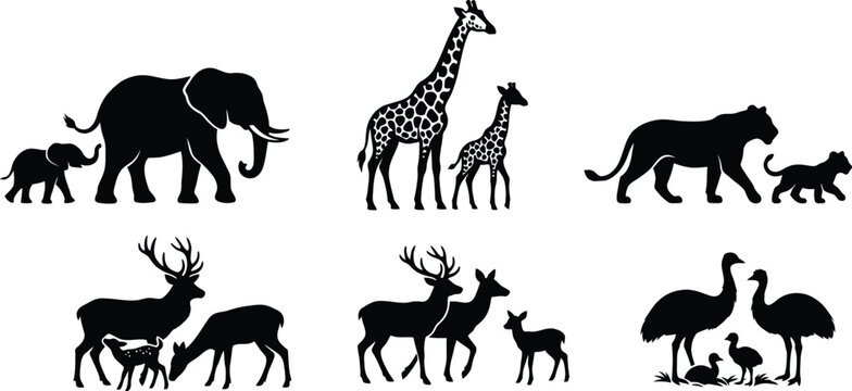 Collection of various animal silhouettes on including elephant, giraffe, lion, deer, and ostrich